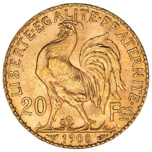 French 20 Franc Rooster Gold Coin Avg Circulated - Random Year - AGC