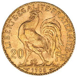 French 20 Franc Rooster Gold Coin Avg Circulated - Random Year - AGC